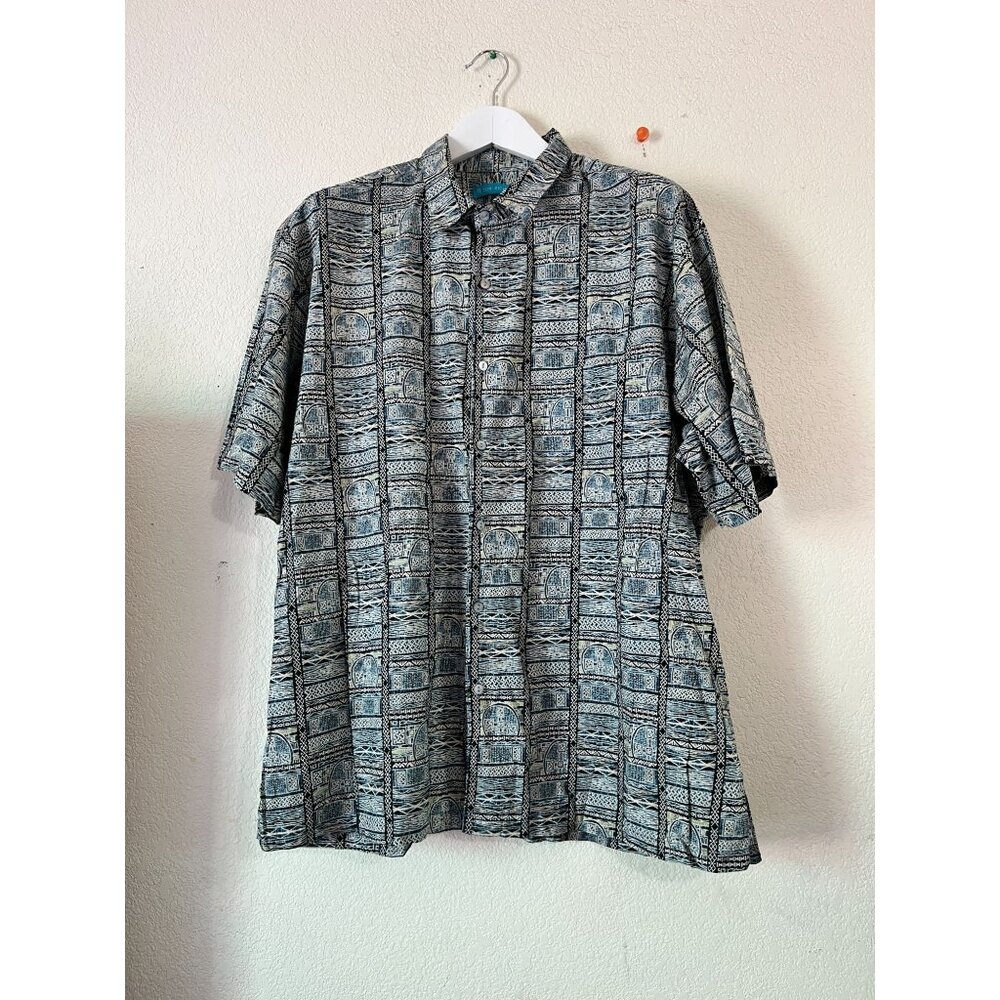 Tori Richard Mens 2XL Button-Up Short Sleeve Shirt Abstract Blue & Black Casual